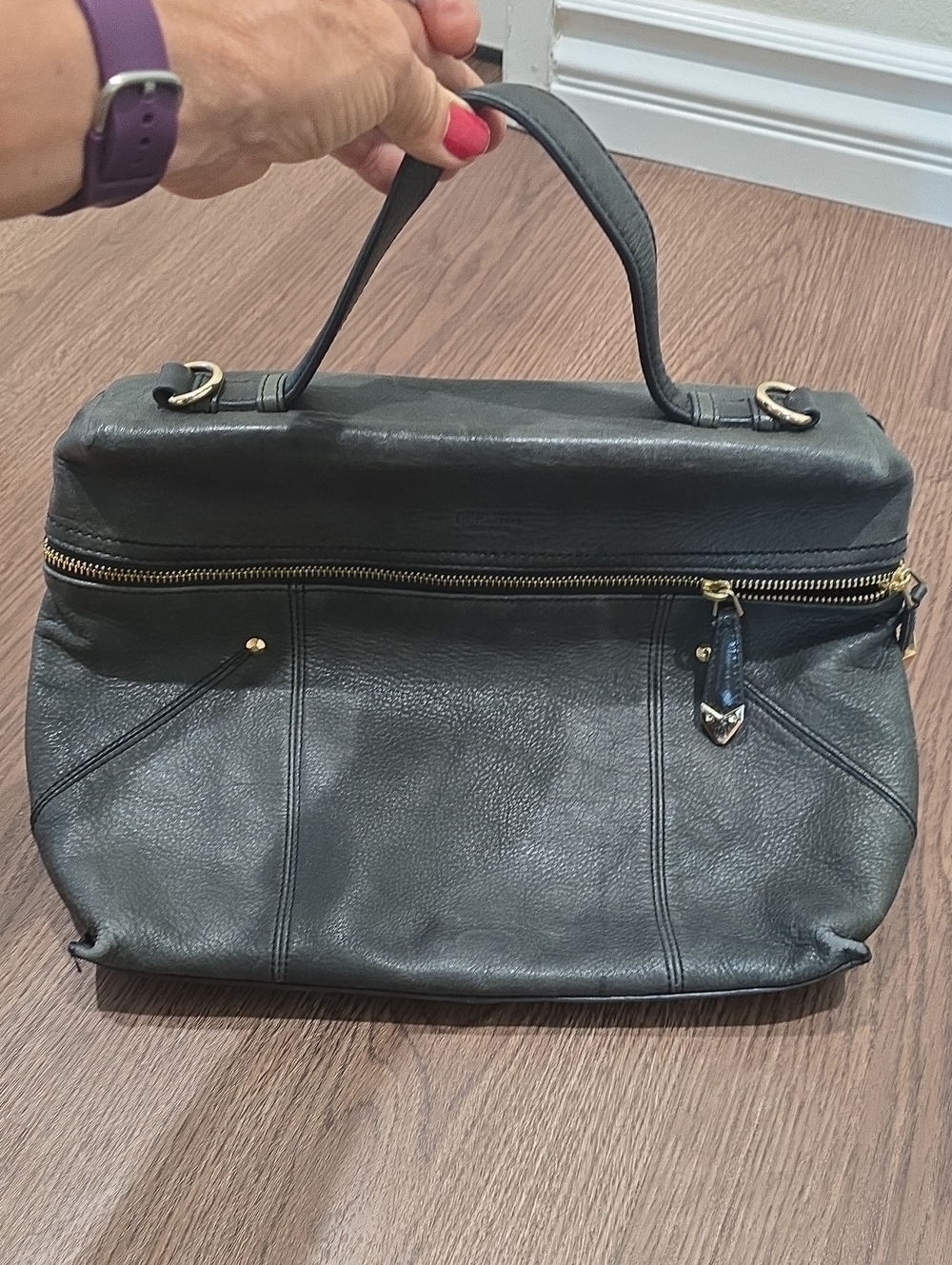 Perlina Black Leather Top-Handle Satchel with Gold Hardware